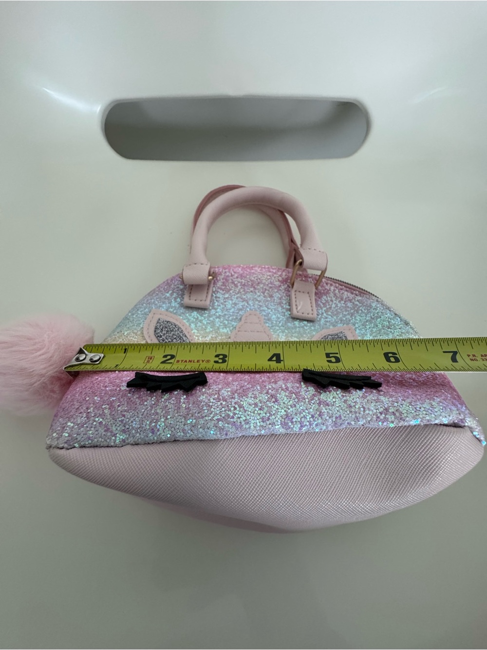 Girls Glitter Rainbow Unicorn Purse Mini Handbag Pom Pom Pastel Sparkle Cute - Picture 9 of 12